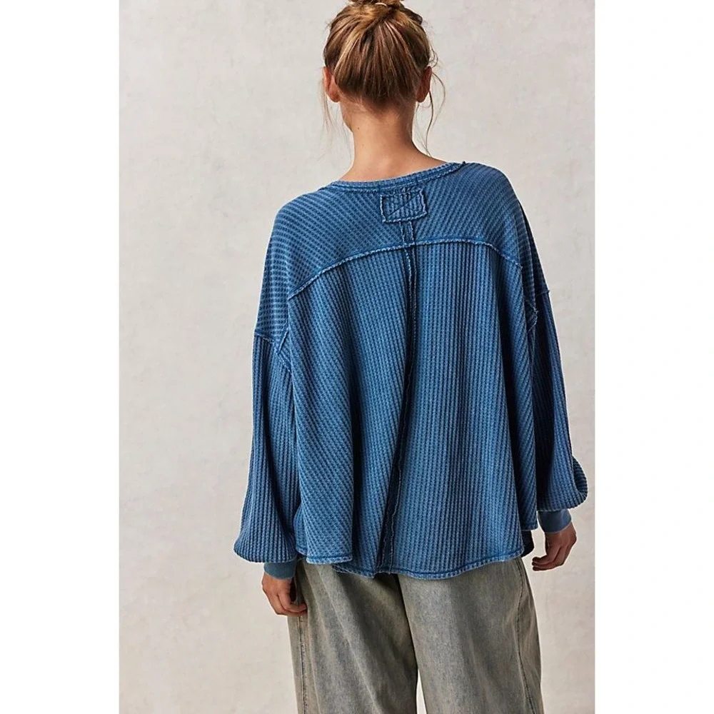 Free People We The Free Coraline Indigo Wash Blue Waffle Weave V-Neck Top XS